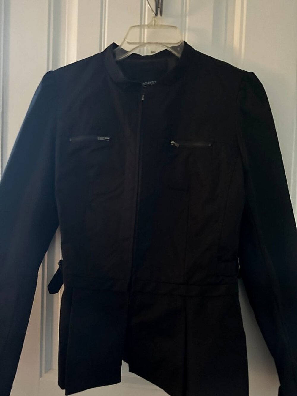 Cynthia Rowley Zip-Front Peplum Jacket Band Collar Zip Chest Pockets Buckle Side